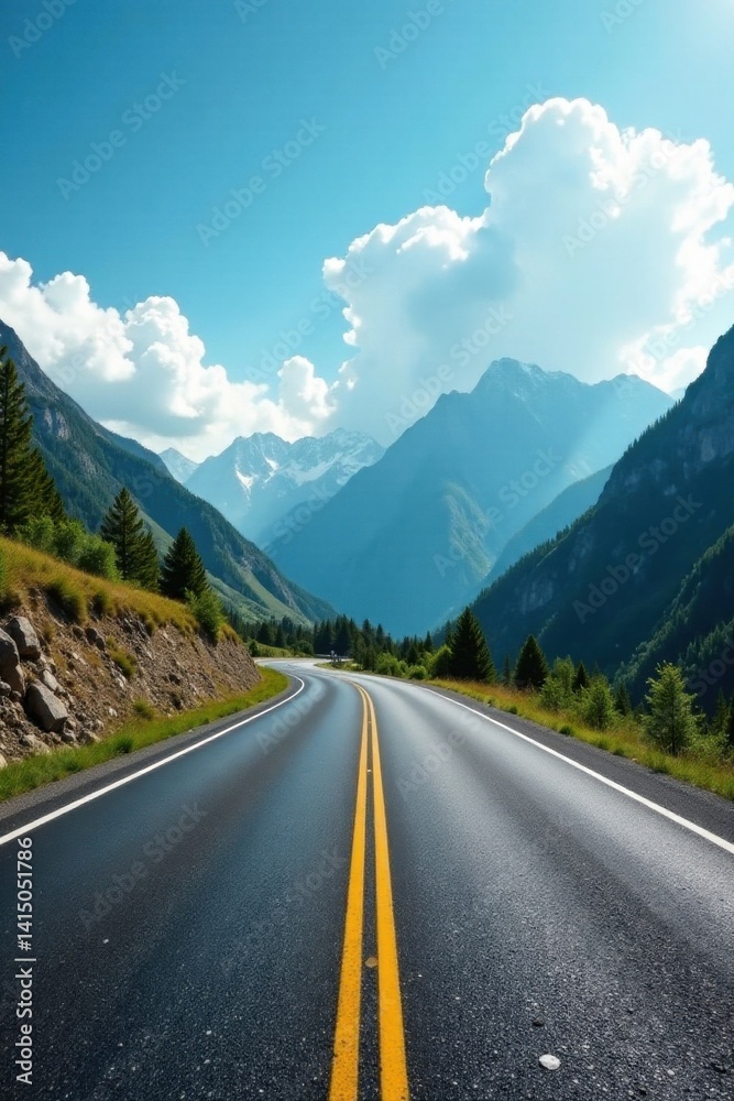 Fototapeta premium Asphalt highway winding through a majestic mountain range under a vibrant summer sky, offering a scenic drive through breathtaking natural beauty