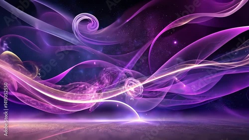 Magical flowing purple and gold light ribbons with sparkling particles against a dark starry sky