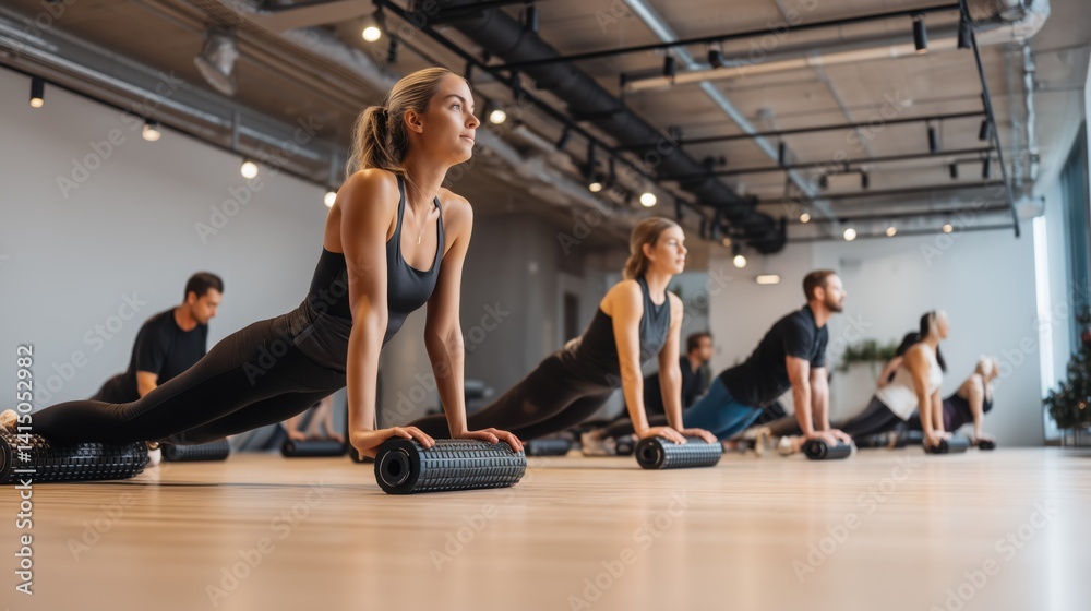 National Foam Rolling Day. Group foam rolling class in modern fitness studio, diverse participants, synchronized movement, clean bright space with wooden floors National Foam Rolling Day. Group foam rolling class in modern fitness studio, diverse participants, synchronized movement, clean bright space with wooden floors