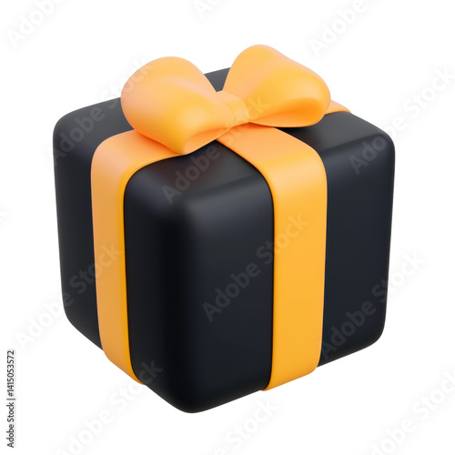 Gift box with orange ribbon home digital art minimalist close-up. Isolated on transparent background, png.