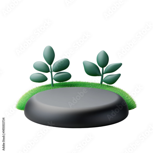 Nature scene with green leaves and stone in tranquil environment. Isolated on transparent background, png.
