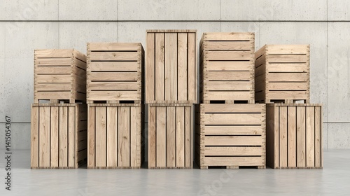 Stacked wooden crates and storage boxes against a concrete wall