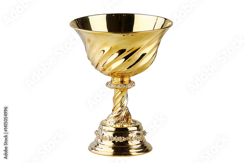 Shiny golden chalice with ornate details. Swirling design on the cup and base