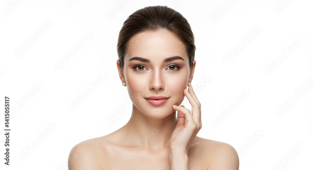 Radiant Beauty: Stunning Woman with Flawless Skin, Pearl Earrings, and a Gentle Touch - A Perfect Face for Skincare & Cosmetics Radiant Beauty: Stunning Woman with Flawless Skin, Pearl Earrings, and a Gentle Touch - A Perfect Face for Skincare & Cosmetics