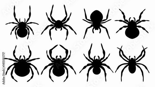 set of black spiders silhouette vector on white background