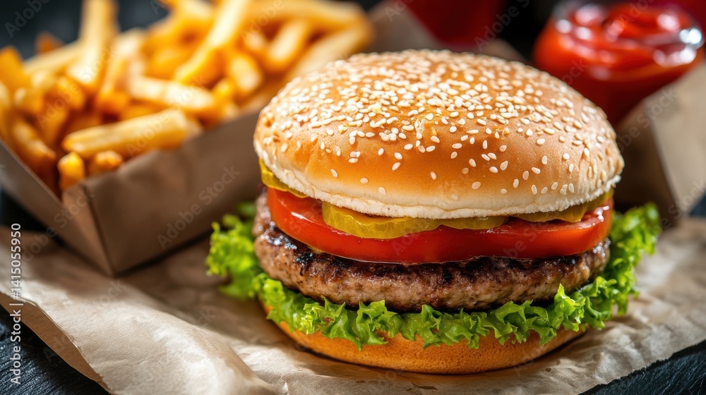 A juicy cheeseburger stacked high with lettuce, tomato, cheese, and a sesame seed bun, showcasing a classic American meal. A juicy cheeseburger stacked high with lettuce, tomato, cheese, and a sesame seed bun, showcasing a classic American meal.