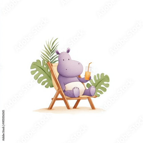 Watercolor illustration of purple hippo relaxing in a wooden beach chair holding tropical drink, cute summer vacation animal, Vector Design, Isolated..