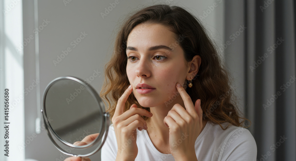 Skin Concerns: Woman Checking Face in Mirror | Acne, Blemishes, Skincare Routine, Beauty, Self-Care Skin Concerns: Woman Checking Face in Mirror | Acne, Blemishes, Skincare Routine, Beauty, Self-Care