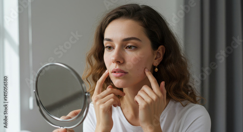 Skin Concerns: Woman Checking Face in Mirror | Acne, Blemishes, Skincare Routine, Beauty, Self-Care