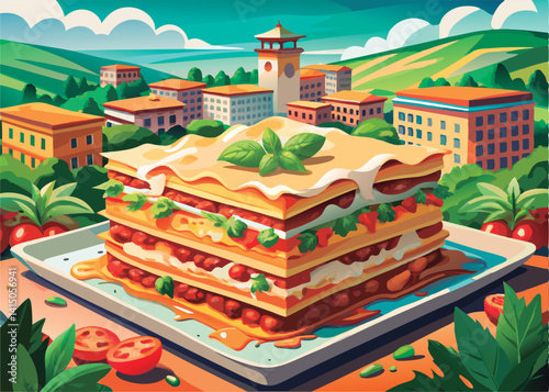 Delicious lasagna. served in a picturesque setting.