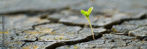 Panoramic close-up of a single small green sprout emerging hopefully through dry, cracked earth, symbolizing new life, growth, and resilience in harsh conditions.
