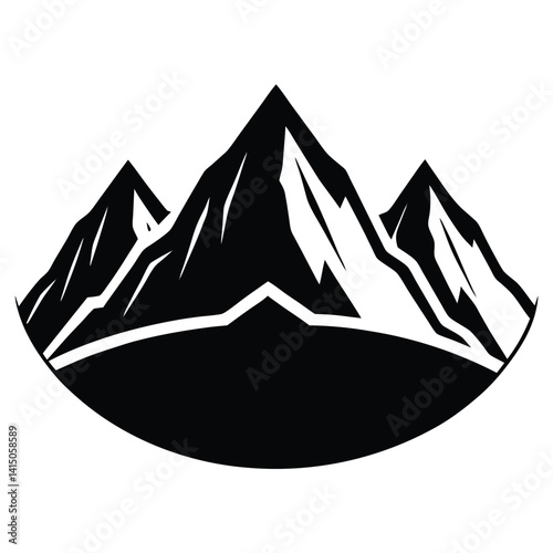 Vector mountain landscape illustration with snow peaks and desert hills at sunset