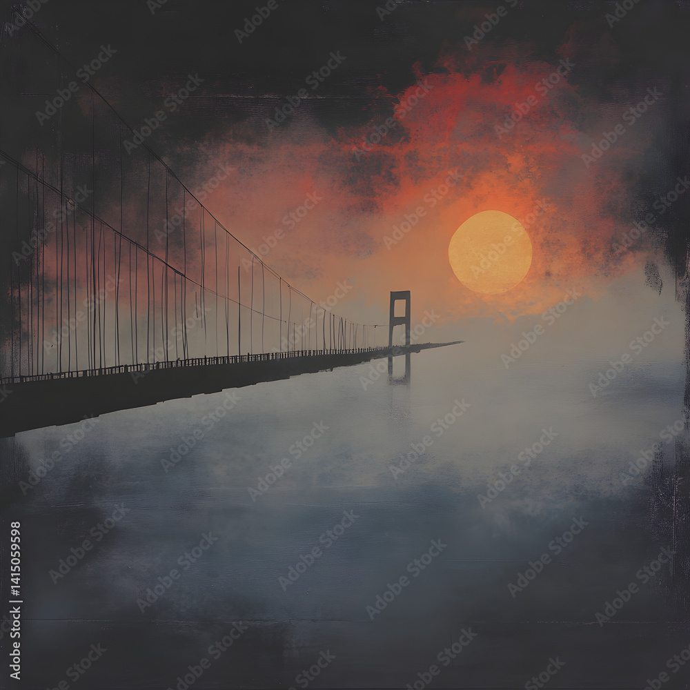 Fototapeta premium Misty morning bridge crossing urban landscape artistic vision early dawn serene atmosphere