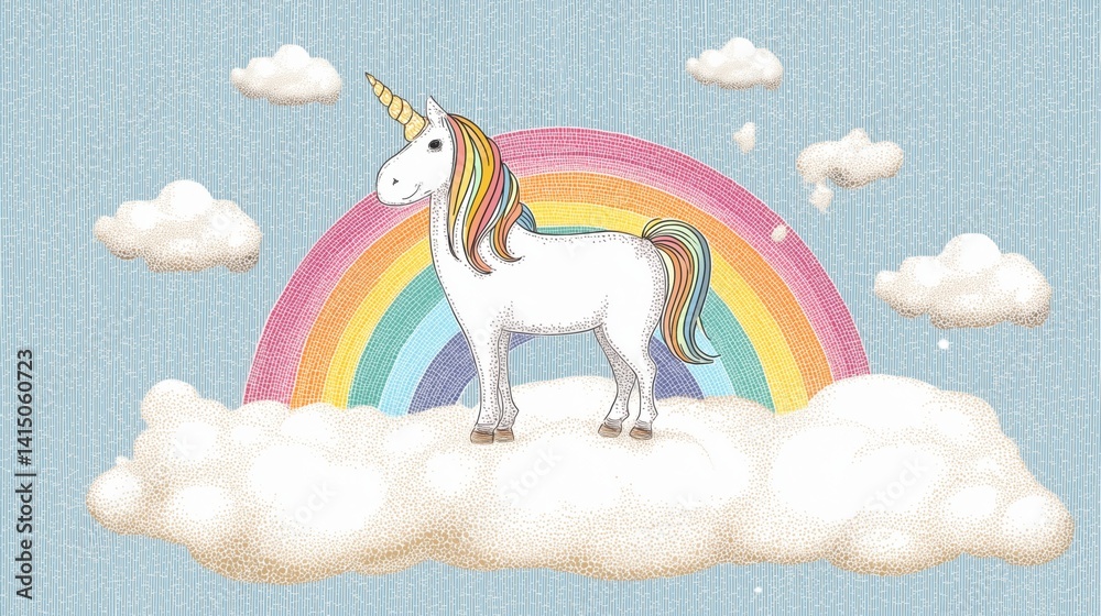 Colorful unicorn standing on clouds with a rainbow backdrop in a whimsical, dreamy atmosphere cartoon illustration.