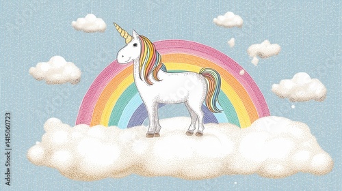 Obraz na płótnie Colorful unicorn standing on clouds with a rainbow backdrop in a whimsical, dreamy atmosphere cartoon illustration. w salonie