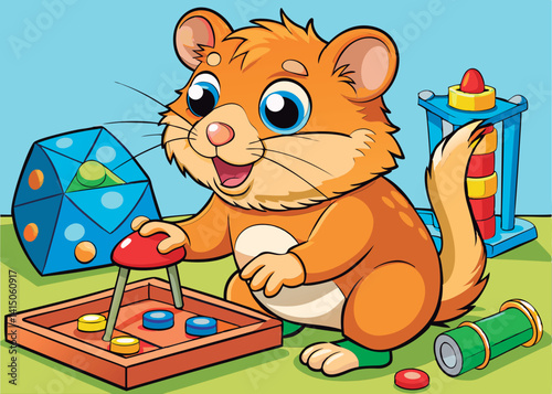 Happy hamster plays with colorful toys.