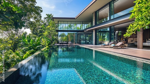 Elegant glass residence with an infinity pool, set against a backdrop of lush vegetation
