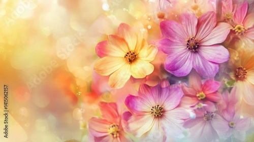 pink, purple, and yellow flowers glowing against a soft, colorful bokeh background