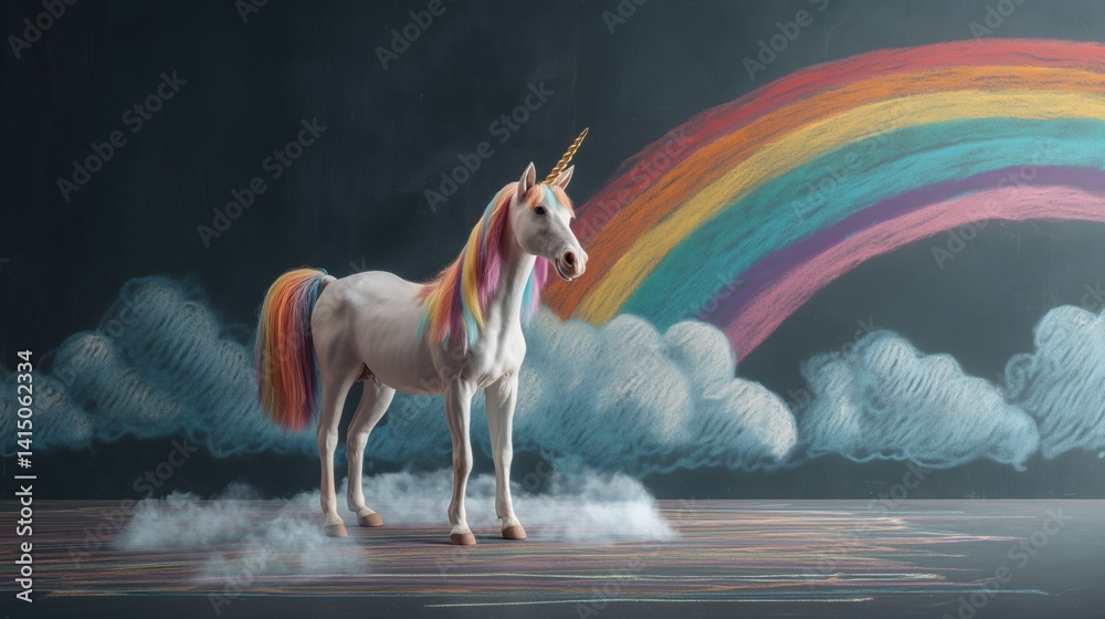 Colorful unicorn stands against a vibrant rainbow backdrop with pastel clouds in a whimsical setting.