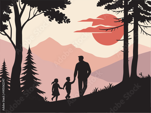 Father and Daughters Hiking at Sunset. Mountain Silhouette Family Nature Walk Art