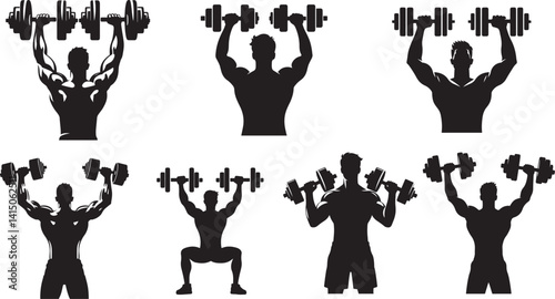 Flat black and white vector of a man lifting dumbbells overhead in minimal gym silhouette style, perfect for fitness, workout, training, and bodybuilding concepts
