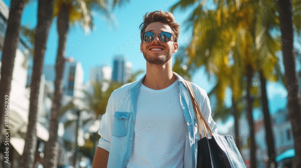 a smiling young man in sunglasses and casual clothes enjoying a sunny day of shopping on a palm-lined city street