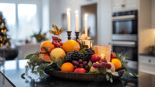 Elegant kitchen island decorated for Thanksgiving with seasonal fruits and candles