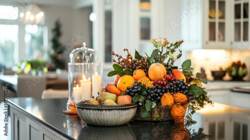 Elegant kitchen island decorated for Thanksgiving with seasonal fruits and candles