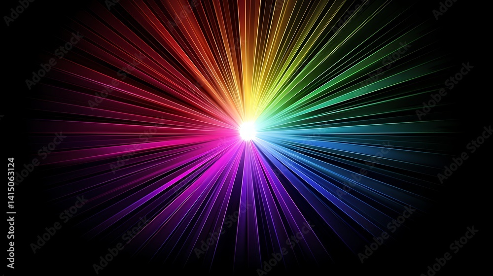 Obraz premium Abstract background featuring a vibrant burst of rainbow-colored light rays radiating outwards from a bright central point against a solid black backdrop. 