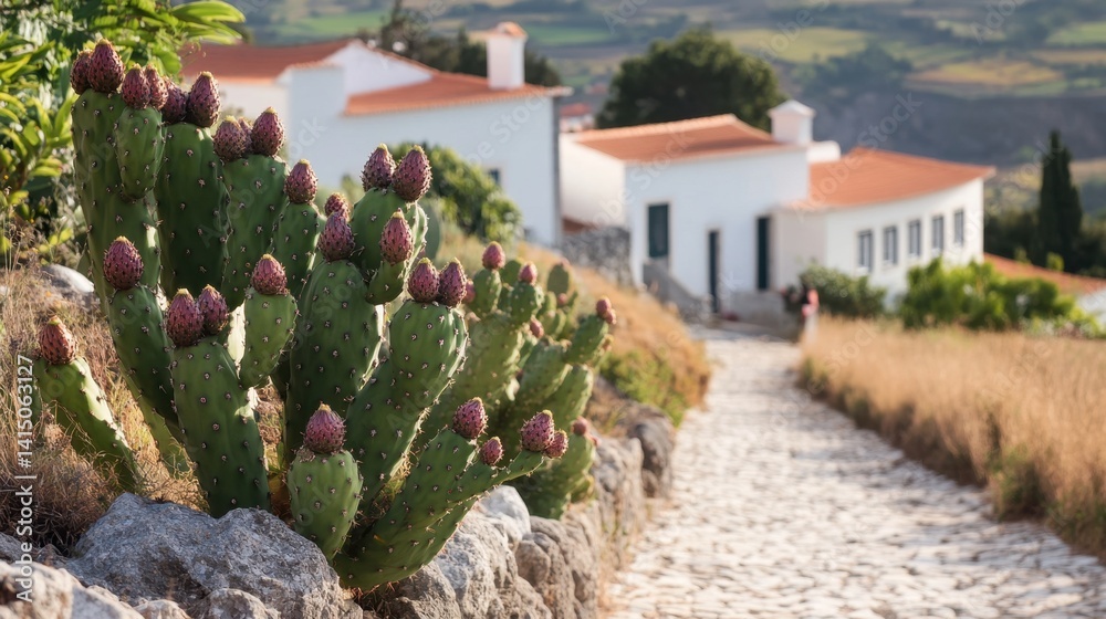 a cluster of blooming prickly pear cacti growing along a rustic stone path leading to charming white houses with terracotta roofs