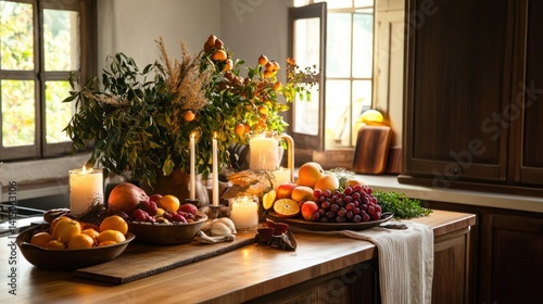 Elegant kitchen island decorated for Thanksgiving with seasonal fruits and candles