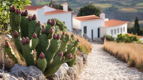 Obraz na płótnie a cluster of blooming prickly pear cacti growing along a rustic stone path leading to charming white houses with terracotta roofs w salonie