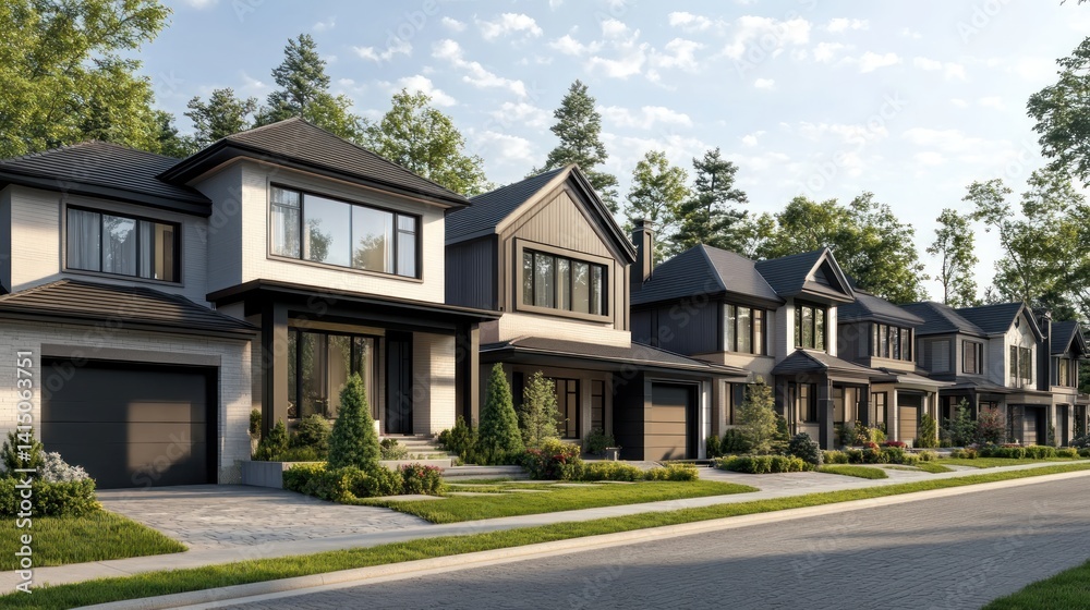 Elegant modern houses along a clean, paved road in a high-end neighborhood Elegant modern houses along a clean, paved road in a high-end neighborhood