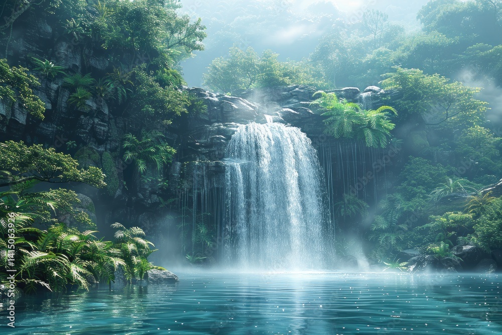 misty rainforest with dense vegetation and a waterfall cascading into a pool
