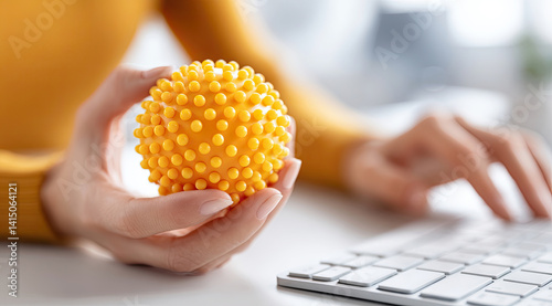 Woman working in an office, relieving hand and finger stress with a yellow spiky massage ball while typing on a white keyboard, promoting relaxation and wellness during her tasks