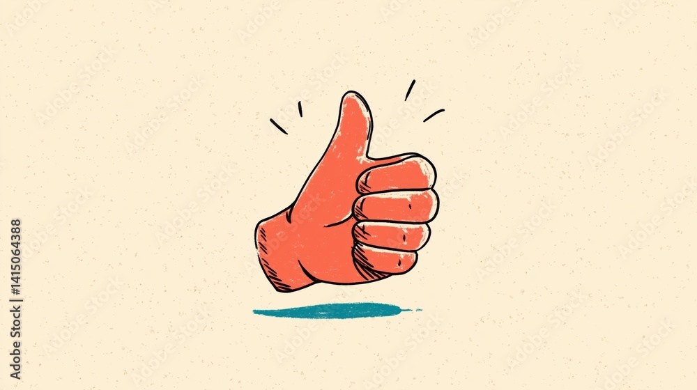 Hand making thumbs up gesture on light beige background with simple illustration style.