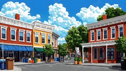 Charming small town street with colorful buildings and shops