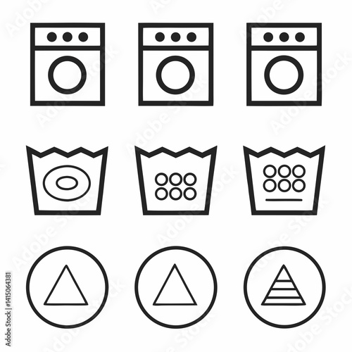 A set of washing and care symbols, including icons for washing machines, triangles, and laundry care instructions
