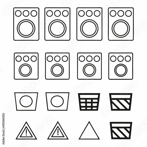 A set of washing and care symbols, including icons for washing machines, triangles, and laundry care instructions