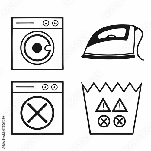 A set of washing and care symbols, including icons for washing machines, triangles, and laundry care instructions