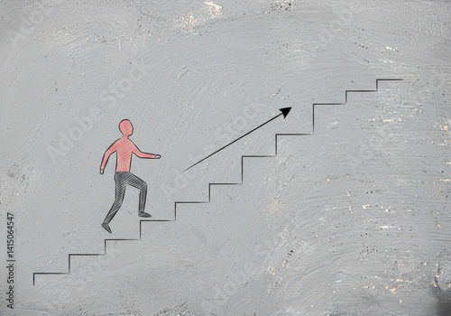 Man climbing stair with arrow for growth. Progress to success.  Goal achievement, career development, opportunities. Concept for motivation, strategy and aspirations.