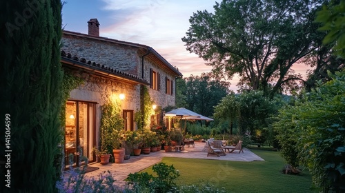 Elegant villa at dusk surrounded by lush greenery and a beautifully lit patio