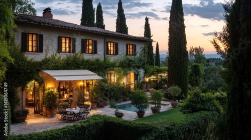Elegant villa at dusk surrounded by lush greenery and a beautifully lit patio