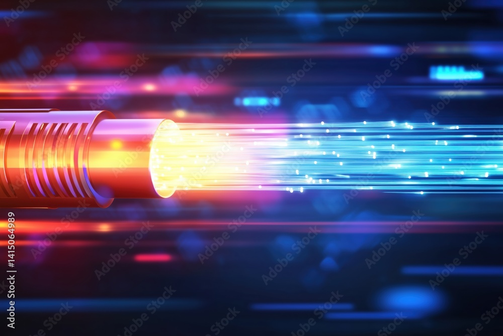 High-tech image of an optical fiber cable glowing with data transmission light particles. Ideal for themes of internet, technology, data speed, and digital communication innovation. High-tech image of an optical fiber cable glowing with data transmission light particles. Ideal for themes of internet, technology, data speed, and digital communication innovation.