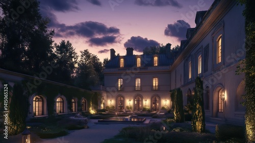 French countryside chateau at twilight with a glowing courtyard and vintage charm