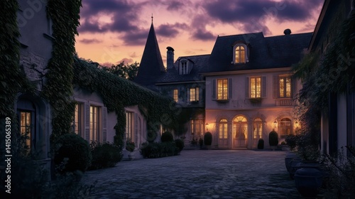 French countryside chateau at twilight with a glowing courtyard and vintage charm