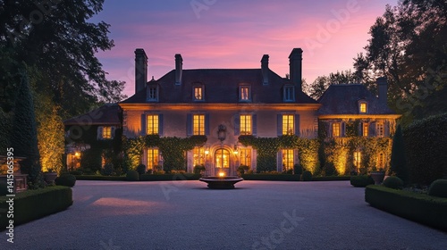 French countryside chateau at twilight with a glowing courtyard and vintage charm
