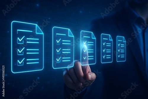 Business person working at laptop computer and digital documents with checkbox lists. Law regulation and compliance rules on virtual screen concept