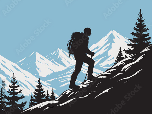 Winter Mountain Hiking Silhouette