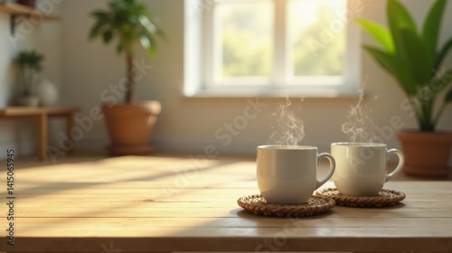 Wallpaper Mural Morning Sunlight Illuminates Two Steaming Mugs Resting on Woven Coasters on a Wooden Table in a Peaceful Home Setting Torontodigital.ca